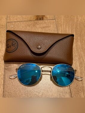 Ray-Ban Gold Frame Polarized Sunglasses with Blue Mirror Lenses
